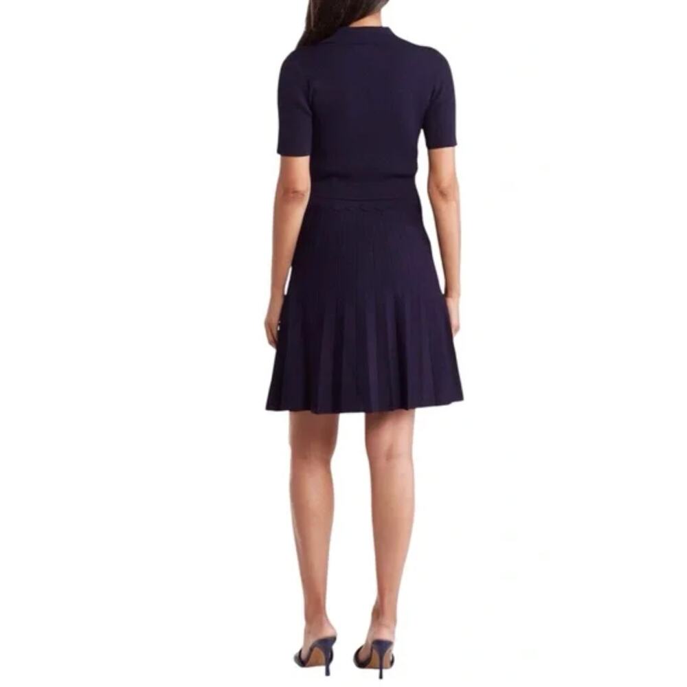 Eliza J Womens Fit & Flare Dress Small Navy Blue Ribbed Knit Johnny Collar NWT - Picture 2 of 14